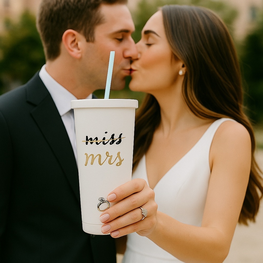 Kate Spade Travel Tumbler Straw "Miss to Mrs" White With Gold Lettering